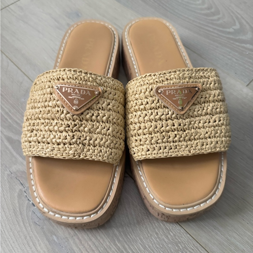 Prada Women's Beige Woven Slide Sandals